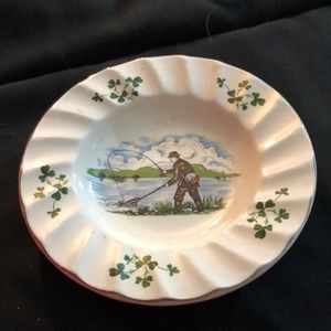 Vintage CARRIGALINE Irish Pottery CORK Angler Angling Fishing Shamrock Pin Dish